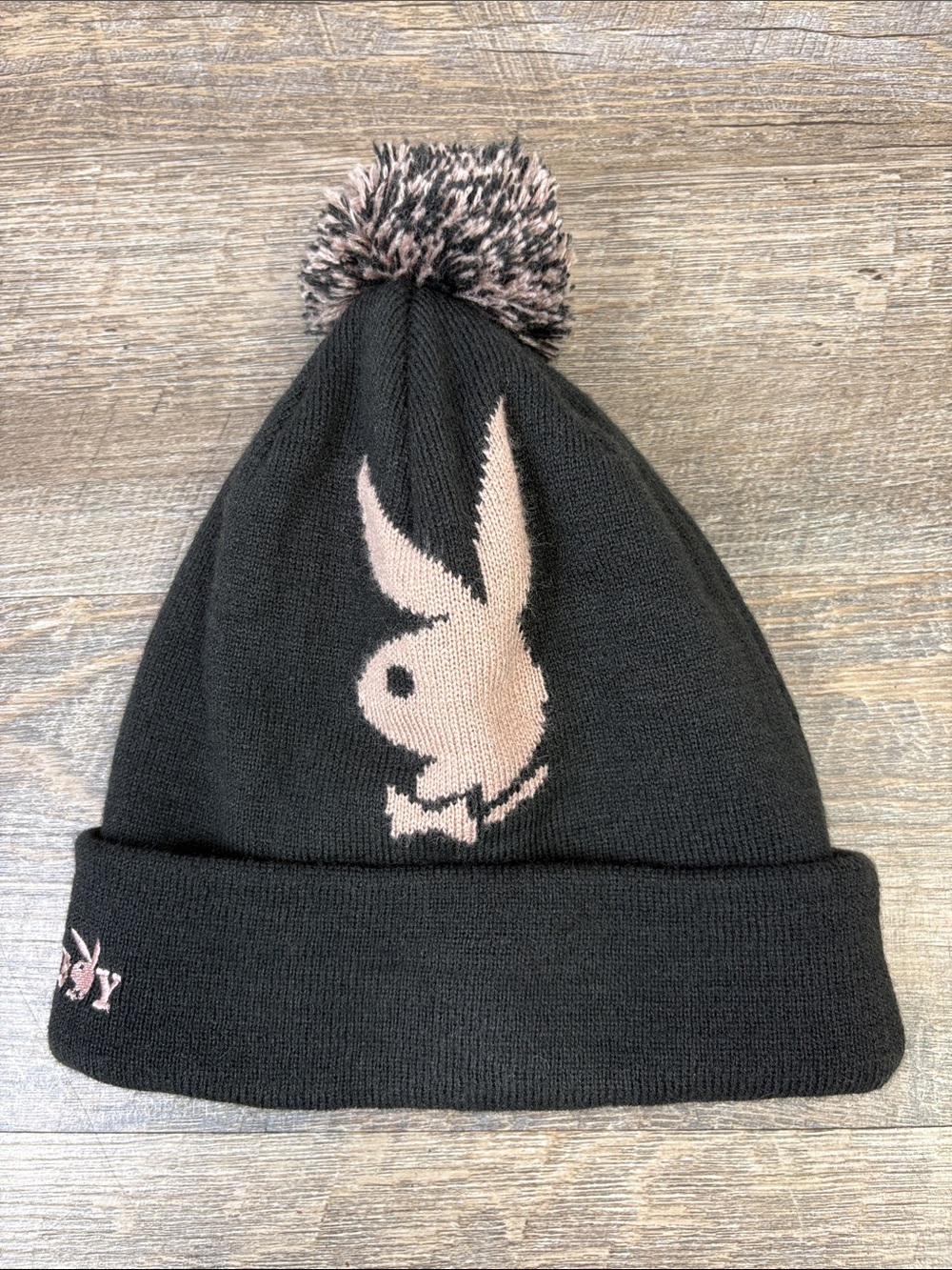 Playboy Black & Pink Bunny Logo Pom Pom Knit Beanie One Size